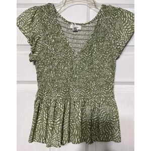 Japna Women's Smocked Crop Top Cap Sleeve Size Small V-Neck Green Floral‎ Peplum